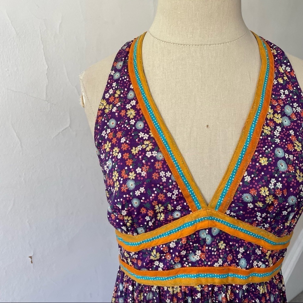 Vintage 1960s/1970s New Morning Designs Purple Floral Cotton Halter Dress 11/12 - Picture 5 of 10